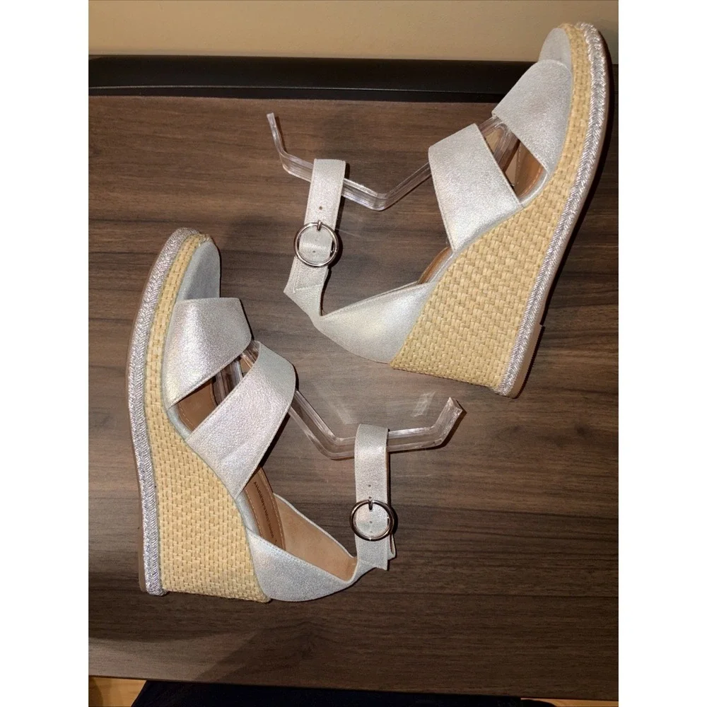 Johnston & Murphy 8 M Marcia Leather Espadrille Wedge Sandals Silver Metallic